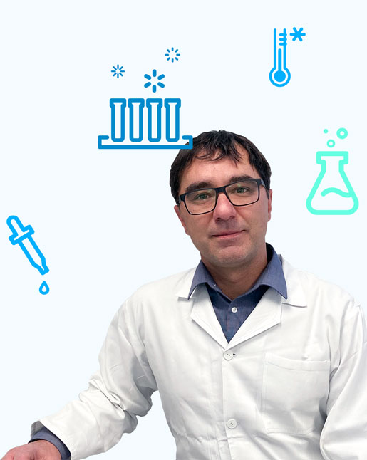 Pavel obklopený následujícími ikonami: teploměr, kádinka a zkumavky